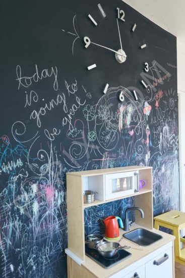 Open plan Kitchen area wall clock blackboard paint