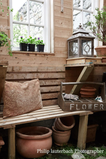 Garden shed timber cladding bench pots