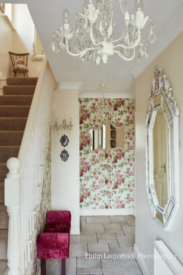 Hallway wallpaper Chandelier candle floor tiling stairs louge chair