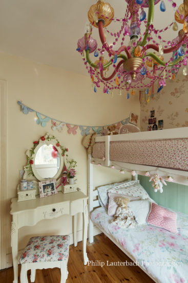 Kids bedroom bunk bed vanity table timber flooring wallpaper chandelier