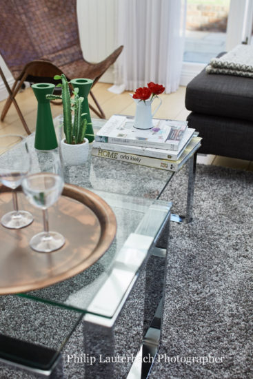 Living room detail glass table rug