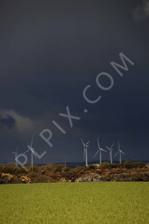 wind turbines in a field a storm